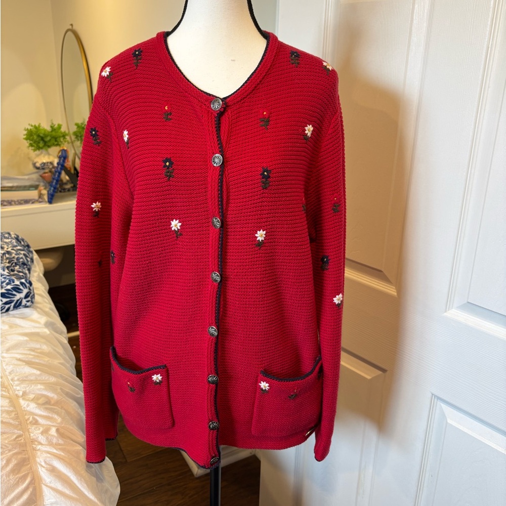 Vintage Embroidered Floral Cardigan Red Cottagecore Sweater XL